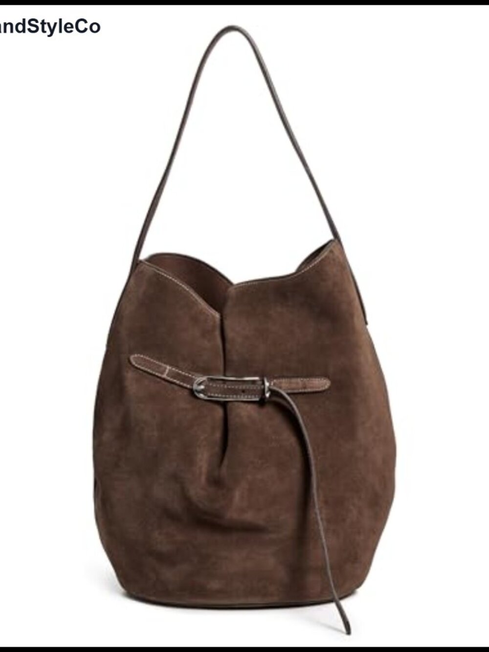 Large Suede Bucket Bag with Belt Detail and Shoulder Strap